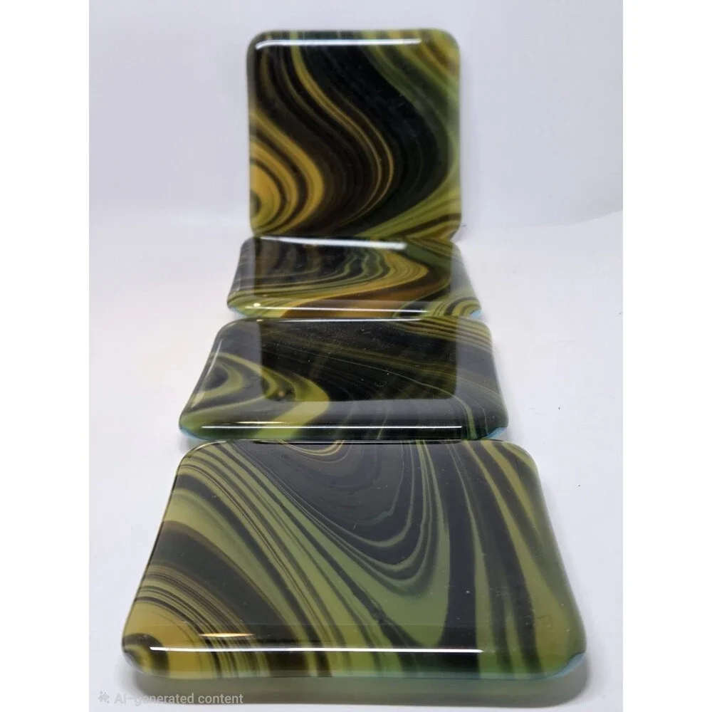 Handmade Fused Art Glass Coasters Set 4 Green Gold Tiger Eye Swirl 4x4 Square
